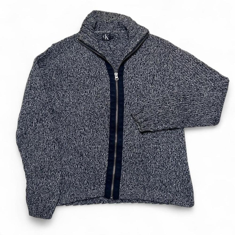 Calvin Klein 90s Vintage Tri Color Grey Cotton Knit Cardigan Zip Sweater Large